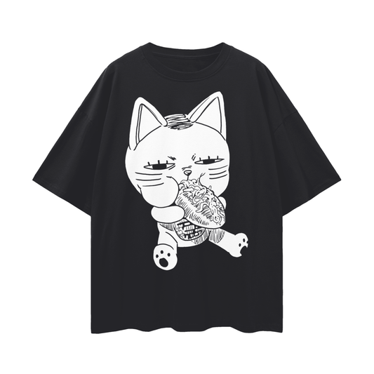 Turbo Granny Cat Eating (Front) Oversize Deep Drop Shoulder Tee - 190 GSM