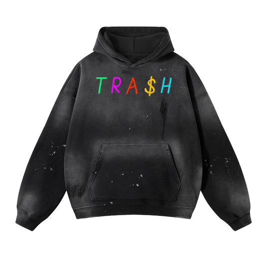 TRA$H Vintage Wash Frayed Fleece Hoodie - 360 GSM